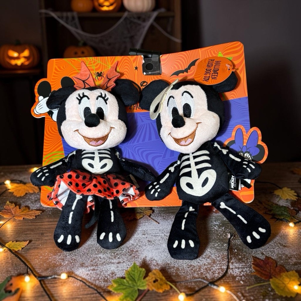 Disney Mickey & Minnie Halloween Plush Dog Toys 2 Pack Squeaky Crackle Skeleton